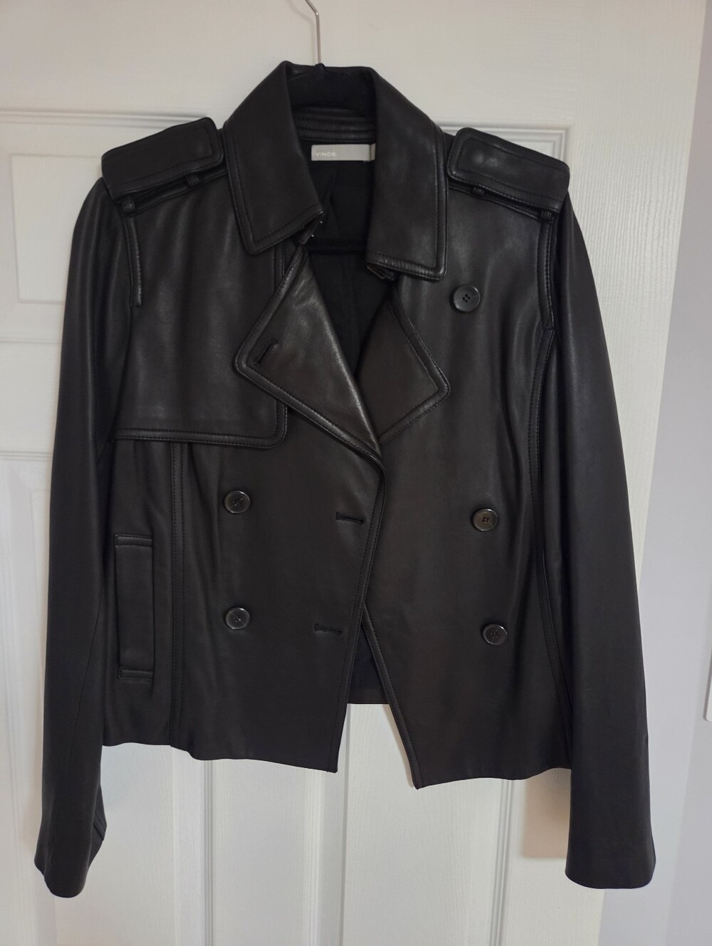 Vince lambskin leather Black Double-Breasted Leather Trench Jacket